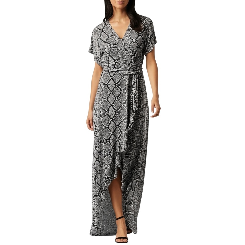 Leith‎ Maxi Dress SizeLarge Grey Snakeskin Hi Low Belted V-Neck Boho Chic Flowy